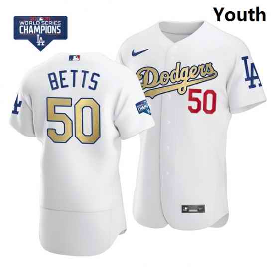 Youth Los Angeles Dodgers Mookie Betts 50 Gold Program White Flex Base Stitched Jersey